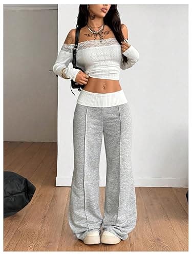 Verdusa Women's Fold Over Baggy Pants Athletic Wide Leg Sweatpants Fitness Clothing Lightweight Bell Bottoms thumbnail 6