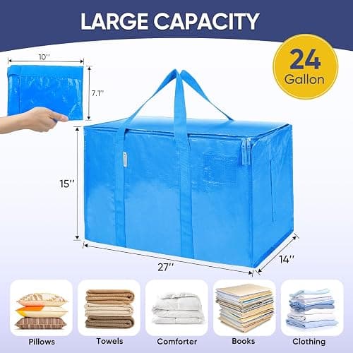TICONN 6 Pack Extra Large Moving Bags Heavy Duty with Zippers & Carrying Handles, Durable Storage Bags Moving Boxes for Closet Organizers and Storage (6 Pack, Sky Blue) thumbnail 3