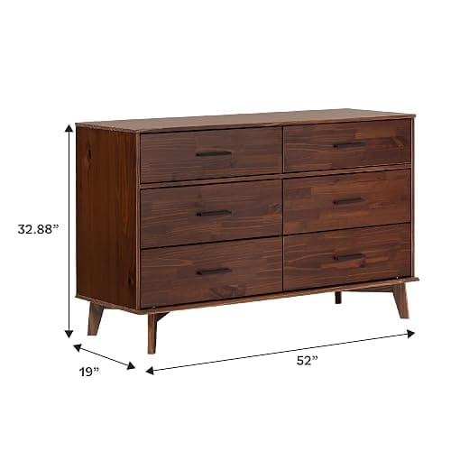 Walker Edison Sloane 6-Drawer Solid Wood Dresser with Metal Handles, 52 Inch, Walnut thumbnail 3