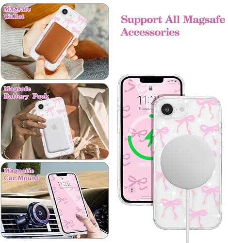 UEEBAI Magnetic for iPhone 17e/iPhone 16e, Glitter Bow Case Compatible with MagSafe, Wireless Slim Sparkly Clear Aesthetic Phone Cover Anti-Yellowing Protective Cover for Women Girl - Glitter Pink thumbnail 2