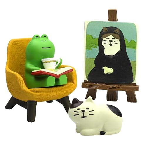 RAQWI Cute Frog Reading on Yellow Sofa Figurine with Cat Painting & Kitten Statue, Mini Resin Animal Set for Office Desk, Bookshelf Decor, Gift for Book & Cat Lovers - Image 1