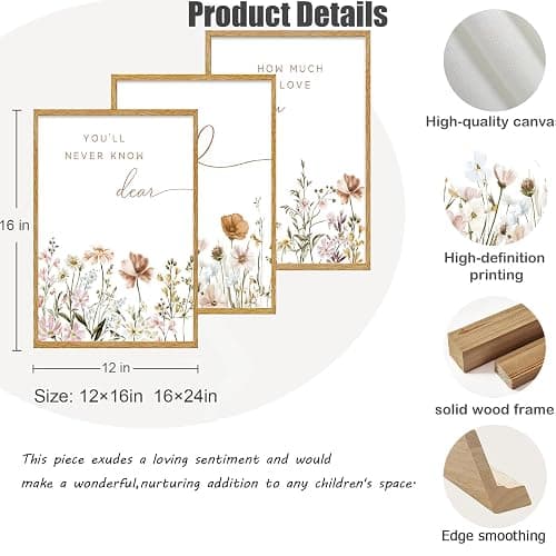 3Pcs Framed Boho Nursery Wall Art Flower Botanical Sentence Painting Picture Wall Decor Wildflower Children's Room Poster Print Artwork for Nursery Baby Room Living Room Bedroom Home Decoration thumbnail 2