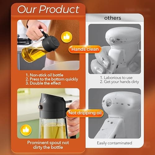 YARRAMATE 2Pcs 16oz/470ml 2 in 1 Oil Sprayer for Cooking with Stickers, Food-grade Glass Oil Spray Bottle, Oil Dispenser and Oil Sprayer for Kitchen, Salad, Frying, BBQ (White &Black) thumbnail 7