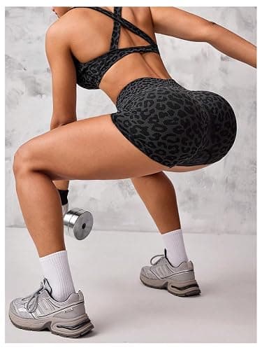 BEAUDRM Women's 2 Piece Leopard Print Athletic Outfits Criss Cross Sports Bra and Biker Shorts Gym Tracksuits thumbnail 3