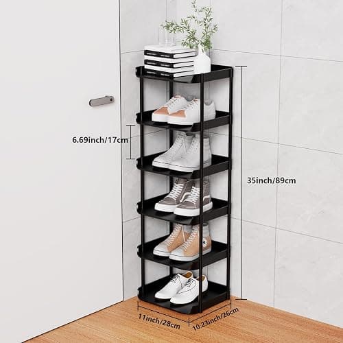 Altdnmaf 6 Tier Vertical Narrow Shoe Rack, Stackable Tall Skinny Shoerack, Compact Single Shoes Storage Tower for Slim Space, Corner Plastic Shelves, for Hallways, Entryway, Bedrooms Organizer, Black thumbnail 3