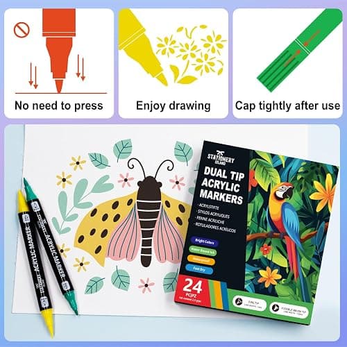 STATIONERY ISLAND Permanent Acrylic Paint Pens 24 Colours – Dual Tip Markers for Rock, Pumpkin, Stone, Glass, Ceramic, Wood & Fabric – Fine & Brush Tip Water Based Paint Pens for Halloween Crafts thumbnail 7