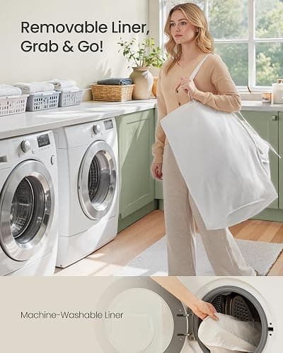 SONGMICS Laundry Hamper with Lid, 17.2 Gallon (65L) Synthetic Rattan Clothes Laundry Basket with Lid and Handles, Foldable, Removable Liner, Summer Sand ULCB165LZ01 thumbnail 7
