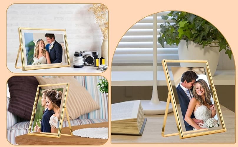 Gold Floating Picture Frames Set of 3, Metal Geometric Photo Frame with Glass Cover Includes(5x7'',4x6'', 5x5''),Tabletop Floating Picture Frames for Home Wedding Decoration,Gift for Christmas,Wedding thumbnail 8
