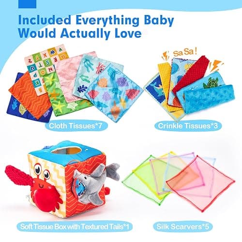 hahaland Baby Tissue Box Toy - Baby Toys 6-12 Months Montessori Toys for 6 Month Old with Textured Tails, Crinkle Tissues, Squeaky, Mirror, Gifts Play Silks Sensoy Scarves for Babies Stocking Stuffers thumbnail 9