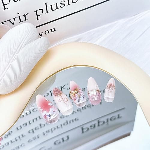 24Pcs Flower Press on Nails Medium Almond Fake Nails with Bow Rhinestones Designs Pink Acrylic Nails Glitter Glue on Nails Cute Floral False Nails Rose Flowers Stick on Nails for Women Nail Supplies thumbnail 4