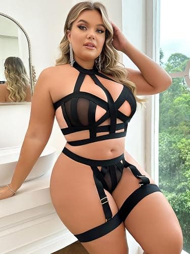 WDIRARA Women's Plus Size Strappy Harness Hollow Out 4 Piece Lingerie Set Criss Cross Bra and Thong Set with Garters thumbnail 4