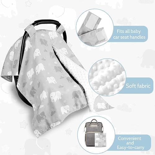TANOFAR Car Seat Cover Baby, Carseat Covers Baby Boy Girl, Peekaboo Opening Infant Car Seat Cover for Winter, Warm & Cozy, Grey Elephant thumbnail 3