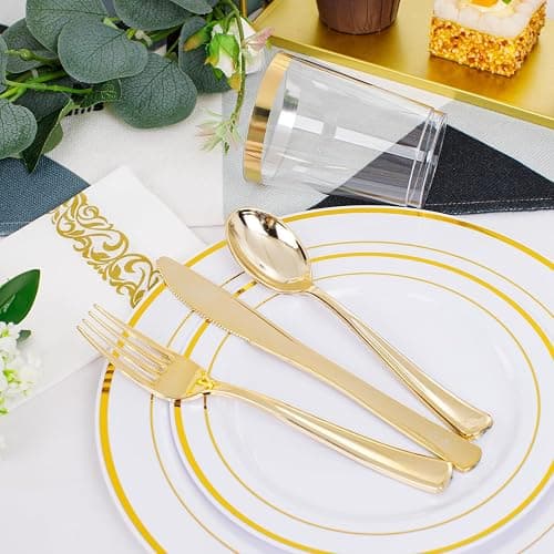 350 Pieces White and Gold Plastic Plates - 50 Guest Dinnerware Set Include 100 Plates, 50 Gold Plastic Silverware, 50 Paper Napkins and 50 Cups for Party Wedding Valentine's Day thumbnail 5