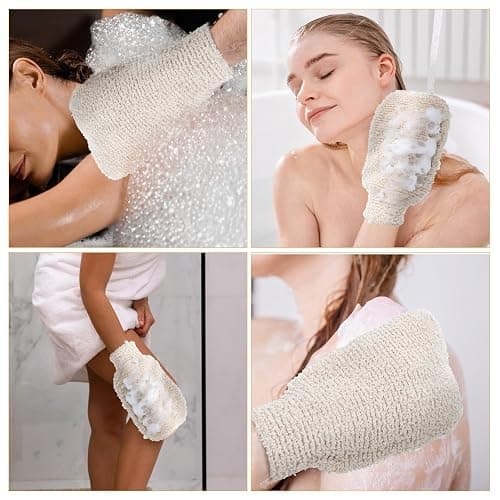 Ouligay Bath Gloves Shower Exfoliating Scrubber Mit Gloves for Women Natural Fiber Exfoliate Glove Set (2 Pack, Beige) thumbnail 2
