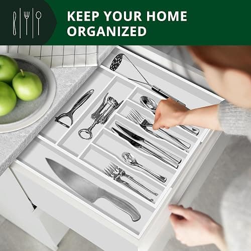 ROYAL CRAFT WOOD Luxury Bamboo Kitchen Drawer Organizer - Silverware Organizer - Utensil Holder and Cutlery Tray with Grooved Drawer Dividers for Flatware and Kitchen Utensils (9 Slot, White) thumbnail 4