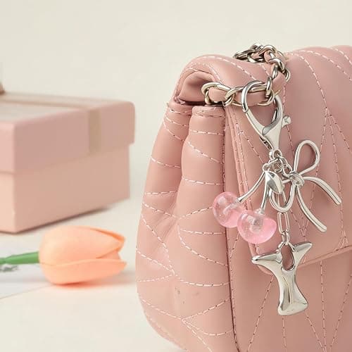 Snycler Bubble Initial Keychain with Bow & Cherry - Silver Letter Bag Charms for Women, Cute Purse Handbag Accessories thumbnail 3