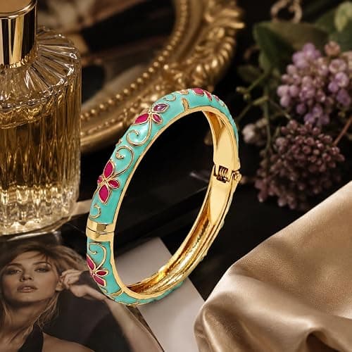 sunglnl Cloisonne Bracelet For Women, 4 Petals of Flower Shaped Enamel Bling Chunky Bangle Trendy Cute Colorful Gold Plated Vintage Bracelets Stackable Wife Jewelry Friendship Gift thumbnail 4