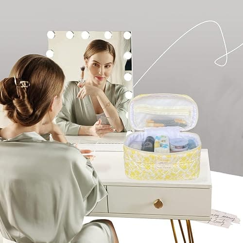WYJ Yellow Large Quilted Floral Makeup Bag Cute Soft Coquette Aesthetic Cosmetic Bag Cotton Travel Toiletry Bag for Women thumbnail 6