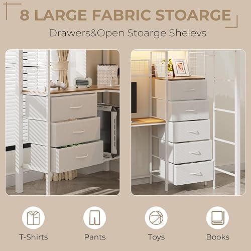 SAHISTCT Twin Size Loft Bed with Desk, LED Lights, Charging Station, Industrial Loft Bed Frame with 3 Storage Shelves and 8 Fabric Drawers, Safety Guard & Ladder,LED Metal Twin Size Bunk Bed (White) thumbnail 3
