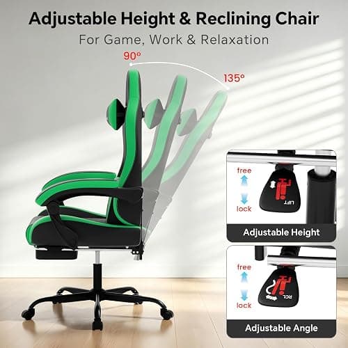 YAMOBO Gaming Chair, Computer Office Chair with Footrest, Adjustable Height & Backrest Gaming Chairs with Swivel for Adults, High Back PU Leather Ergonomic Chair with Lumbar Support, Blackgreen thumbnail 5