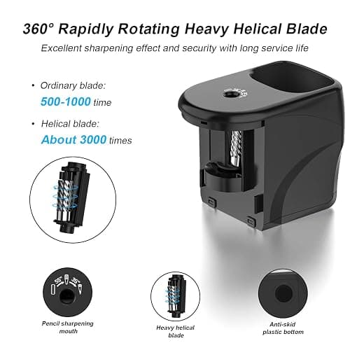 Electric Pencil Sharpener Heavy-Duty Helical Blade Sharpener with Adapter/Battery Operated for No.2/ (6-8mm) Pencils with Auto Stop & Cleaning Brush in School/Classroom/Office (Black) thumbnail 3