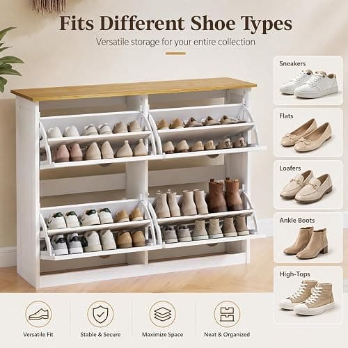 Shoe Storage Cabinet for Entryway, 16-24 Pairs Farmhouse Slim Shoe Cabinet with 4 Flip Drawers, Adjustable Shelves & Anti-Tipping Freestanding White Shoe Organizer for Small Space Hallway Apartment thumbnail 3