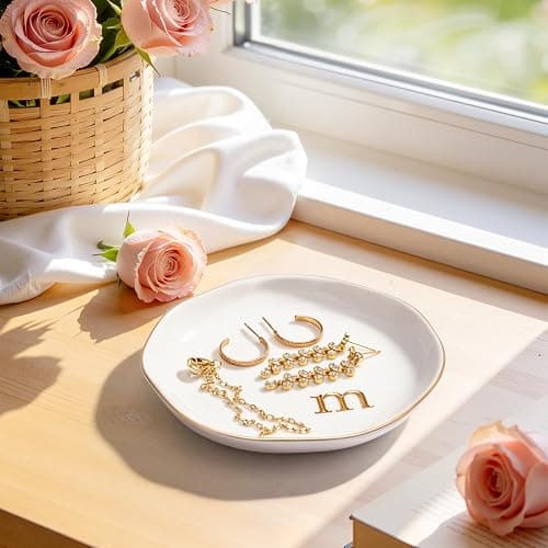 Fyshipin Ceramic Jewelry Tray,Decorative Trinket Dish for Room Decor,Birthday Valentine's Day Mother's Day Graduation Christmas Personalized Gift for Women, 4.75", Gold Rim,Engraved Initial m thumbnail 2
