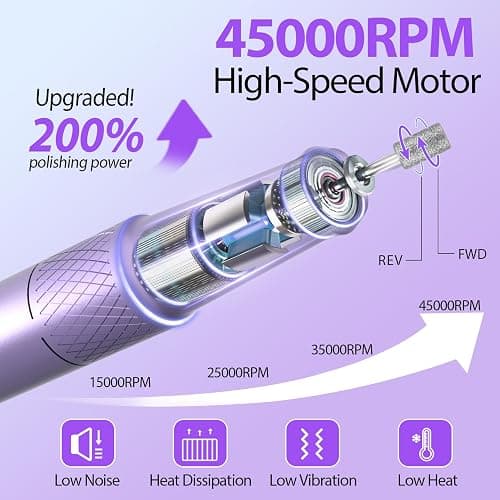 PYVOLA Professional Electric Nail Drill E-File Machine - 45,000 RPM Corded Nail Drills Kit with Low Noise & LED Display for Shaping, Removing & Polishing Acrylic Gel Nails for Salon Home thumbnail 2