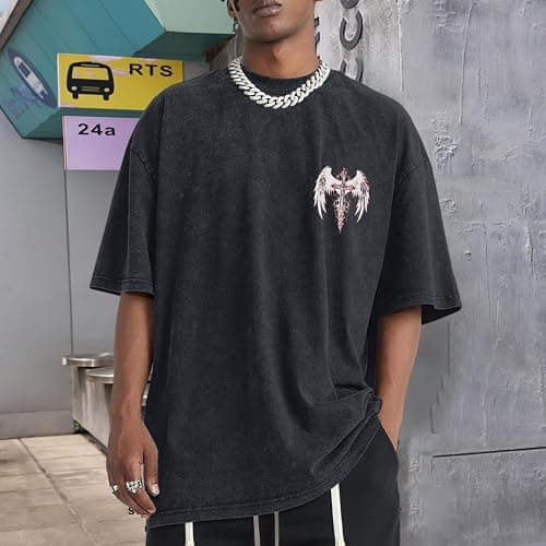 Lytiarul Vintage Goth Punk Shirts for Men Grunge Streetwear Oversized Tshirts Gothic Cross Y2k Graphic Tees Acid Wash T Shirt thumbnail 2