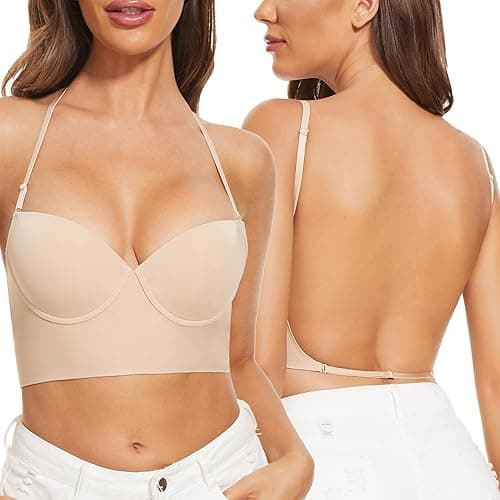 Low Back Bras for Women-Seamless Lightly Lined Invisible Backless Bra-Underwire Plunge Open Back Multiway Halter Bra - Nude - 34B