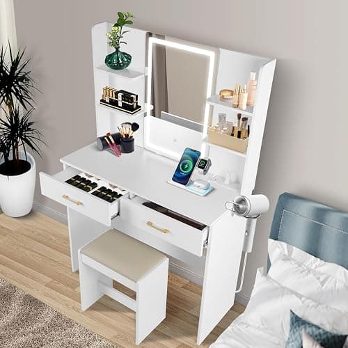 QUALIKRAFT White Vanity Set with LED Mirror & Stool, Makeup Desk with Built-in Power Outlet (2 AC & 2 USB), 2 Large Drawers & 6 Shelves, Lighted Dressing Table for Bedroom Organization thumbnail 4