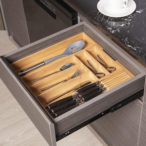 TIOPGHAD Bamboo-Silverware-Drawer-Organizer-Kitchen, Expandable Utensil Holder Cutlery Tray Flatware Organization Adjustable Wood Tableware Dividers Storage (with Removable Knife Block)(Natural) - Natural - Large thumbnail 6