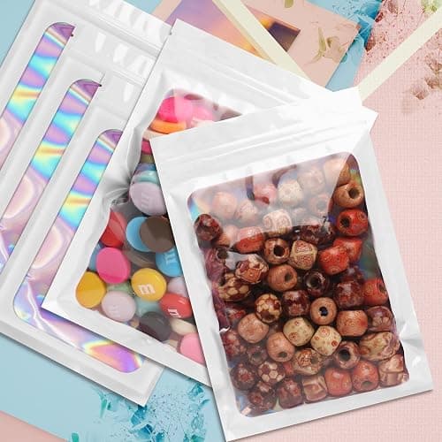 Funfery 100 pcs White Smell Proof Mylar Holographic Bags Packaging Bags,Clear Resealable Odor Proof Bag Foil Pouch Bag for Food Storage,Lipgloss,Jewelry,Eyelash Packing for Small Business(2.4x3.9In) thumbnail 2