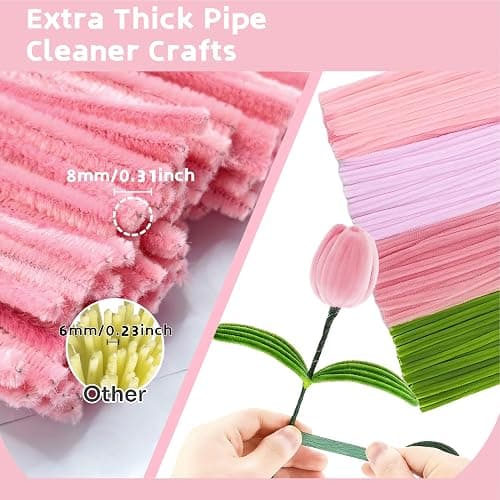 CllyCnny Pipe Cleaners Craft - 400 PCS Chenille Stems DIY Flowers Kit Green Pink 4 Colors Pipecleaners Bulk with Instruction Floral Stems Stamens Tapes Ribbons for Tulips Bouquet Making Supplies thumbnail 4