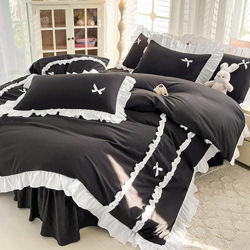 IHOUSTRIY Black Halloween Duvet Cover Twin Size, Cute Bow Duvet Cover Set with Zipper Closure, 2 Pieces White Ruffle Soft Microfiber Bedding Set with 4 Ties (66"x90", 1 Pillow Cases) thumbnail 6