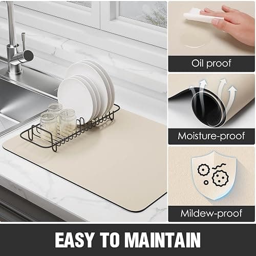 Dish Drying Mat for Kitchen Counter Super Absorbent Drainer Mats with Non-slip Rubber Backed Hide Stain Heat Resistant Easy to Clean Dish Rack Mat (Beige, S-14"x11") thumbnail 4