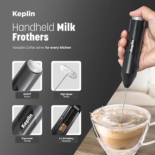 Keplin Handheld Milk Frother - Stainless Steel Electric Whisk - Portable Battery-Operated Coffee Frother for Lattes, Matcha, Protein Shakes - Ergonomic, Compact, Easy to Clean (Black) thumbnail 4
