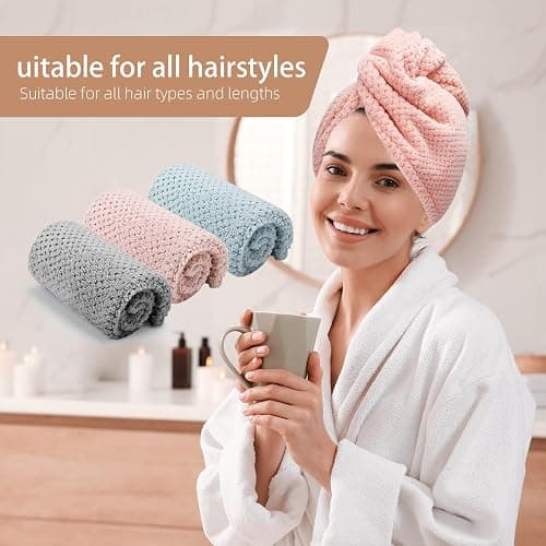 CZZXI 3 PCS Microfiber Hair Towel, Hair Wraps for Women Wet Hair, Fast Drying Hair Turban, Anti Frizz Head Towels Wrap for Curly Hair (Grey, Pink, Blue) thumbnail 6