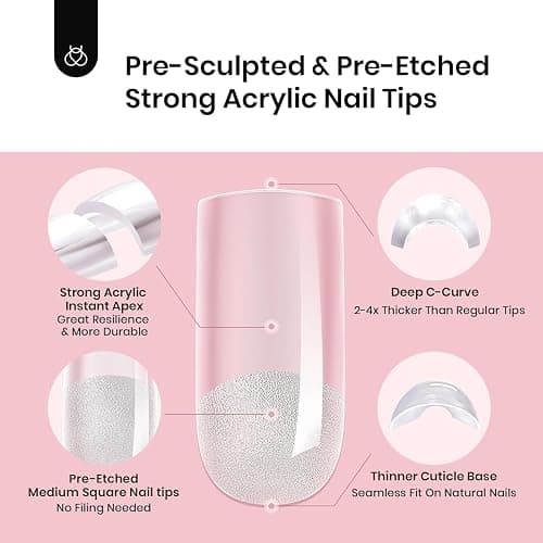 Beetles Tipex Nail Kit, Square Medium Nail Tips 224 Pcs 16 Sizes Pre-Etched Fake Nails with Tipex Nail Glue Mini Nail Lamp - Thick Acrylic Nail Set Pre-Builder Gel Press-on Nails thumbnail 7