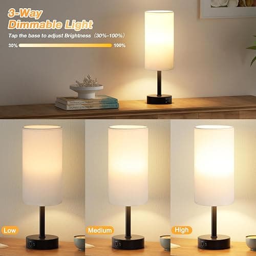 PreeOtti Bedside Lamps Set of 2, Dimmable White Bed Side Lamp with 2 USB Charging Ports, Black Base (Bulbs Included) thumbnail 2