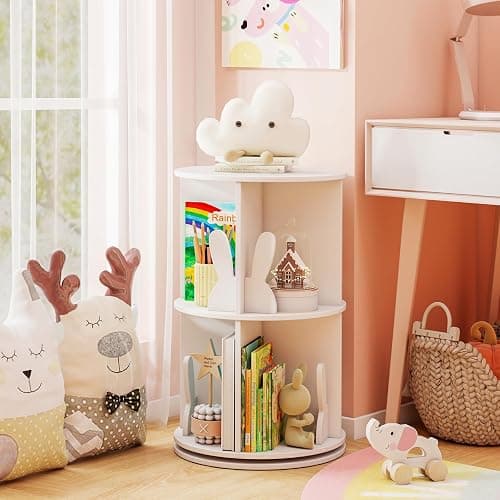 HONEY JOY Kids Rotating Bookshelf, Wooden Spinning Small Corner Organizer w/Baffles, 360°Display Standing Toddler Bookshelf, Narrow Storage Rack, Montessori Book Shelf for Nursery, Playroom (White) thumbnail 9