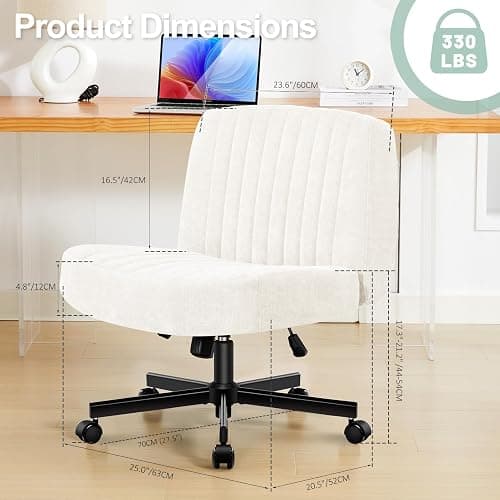 TUKAKA Criss Cross Chair with Wheels,Thick Padded Fabric Cross Legged Office Desk Chair with Pocket Spring Cushion,Dual-Purpose Base,Wide Adjustable Computer Home Office Vanity Chair,Cream White thumbnail 2