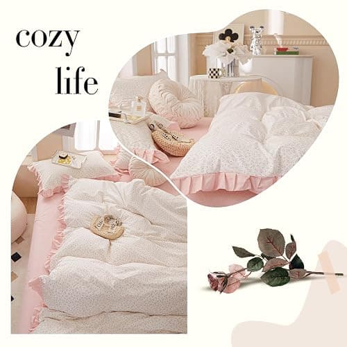Pink Floral Duvet Cover Full 100% Cotton Ruffle Duvet Cover Girls Princess Lace Bedding Set Botanical Flower Comforter Cover with Zipper Closure Vintage Country Bedding Cottagecore Duvet Cover Set thumbnail 7
