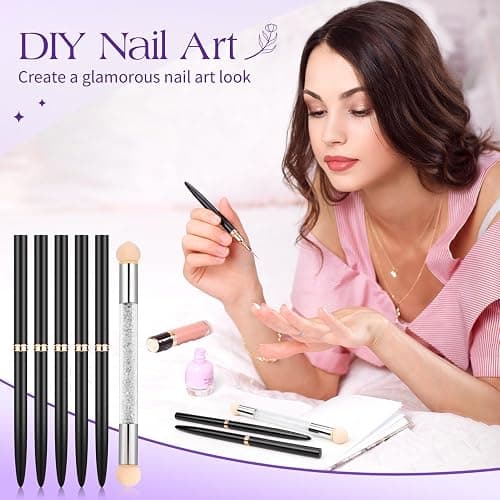 MELLIEX 6 Pièces Pinceau Nail Art Ongles Professionnel, Ultra Fin Nail Art Liner Brushes, Gel Acrylique Pinceau Ongle avec Capuchon, Double Tête Brosse éponge pour DIY Nail Art thumbnail 6