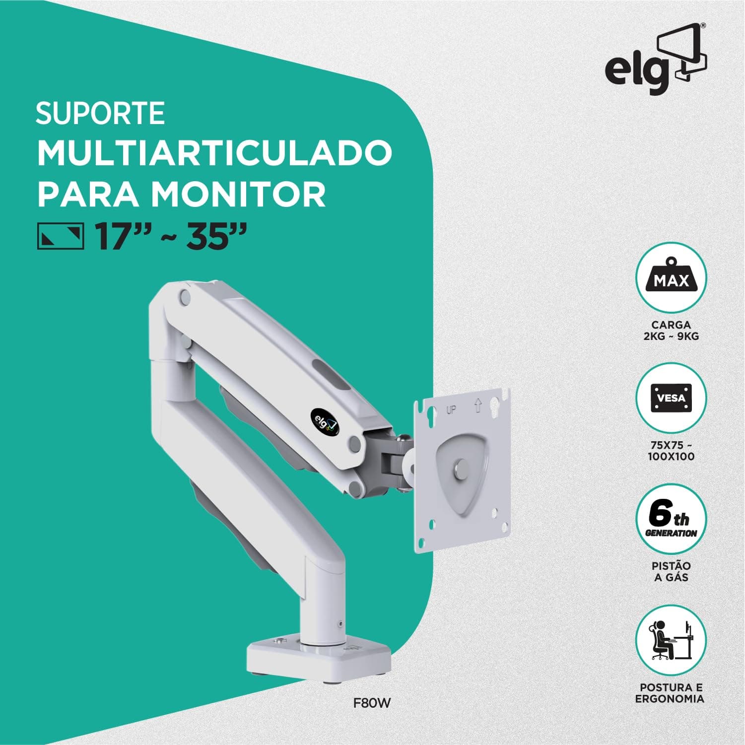 Suporte Articulado de Mesa com Pistão a Gás para Monitores de 17' a 35' Branco - F80W ELG thumbnail 2