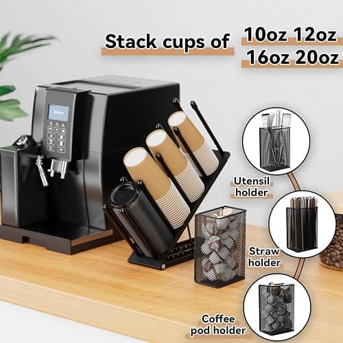 OVICAR Cup and Lid Holder - Adjustable Coffee Cup Holder Organizer 4 Compartment Disposable Cup Dispenser with Coffee Pod Straw Storage Basket for Coffee Station Bar Countertop Breakroom Metal Black thumbnail 3