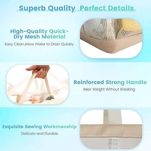 Mesh Shower Caddy for College Dorm Room Essentials for Girls with 9 Pockets,Large-Capacity Shower Basket,Quick Dry Toiletry Tote Bag for Women,Outdoor Gym,Travel,Swim,Beach Camping Essentials-Beige thumbnail 3