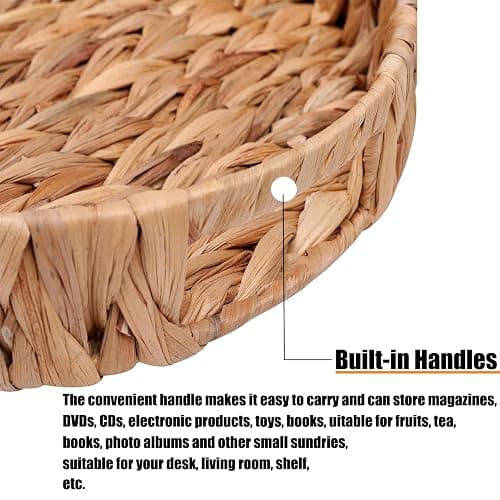 Round Woven Coffee Table Ottoman Tray with Handles - 11.8" x 1.9" Water Hyacinth Wicker Serving Tray, Decorative Storage Basket for Home & Kitchen. thumbnail 6