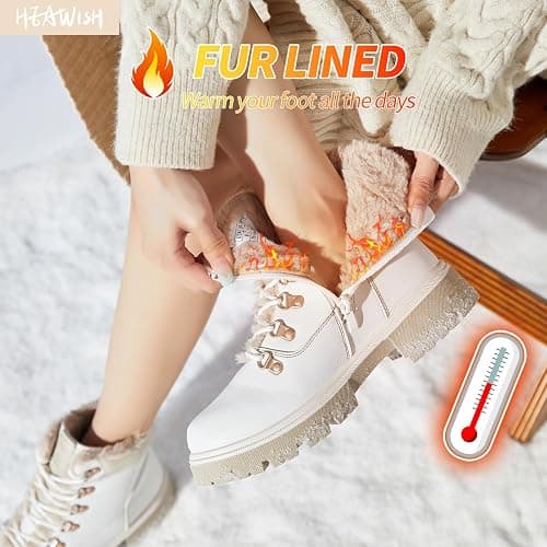 Women Winter Snow Boots with Fur Lined,Black Low heels Combat Ankle Boots,Non Slip Leather Ankle Boots for Women thumbnail 3