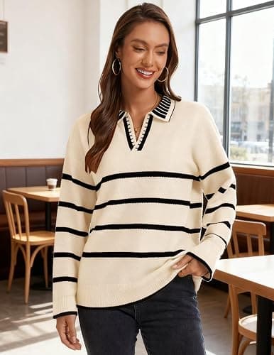 Women's Polo Sweater Long Sleeve V Neck Striped Collared Pullover Fall Sweater Tops 2025 thumbnail 6